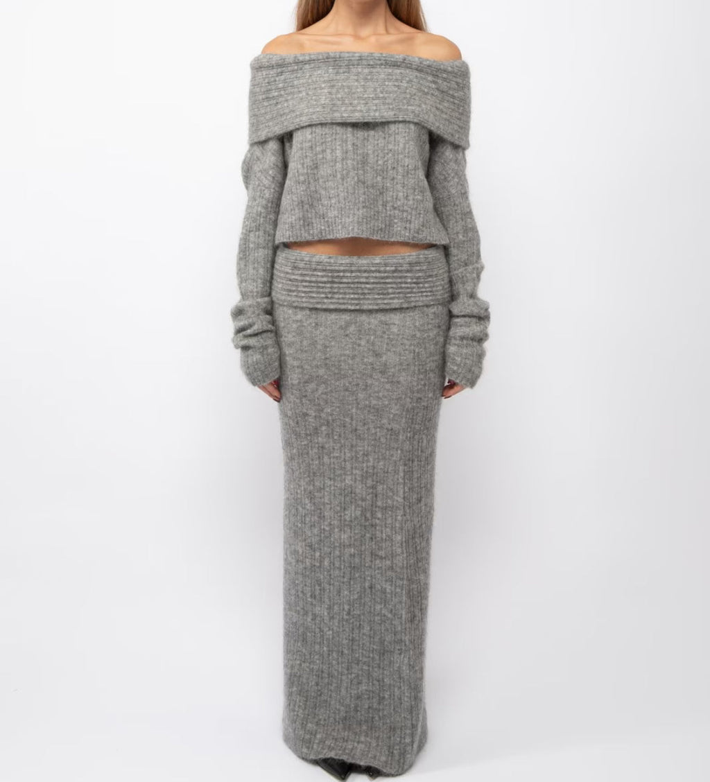 Set סריג שני חלקים חולצת כתפיים חשופות וSkirt מקסי - אילונה