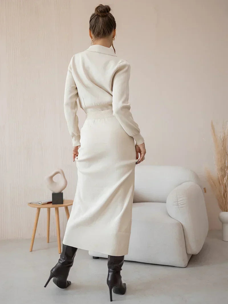 Set סרוג Shirt וSkirt מידי בעיטור כפתורים וכיסים - Danna