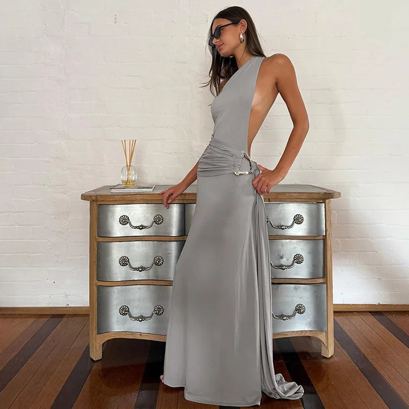 Long grey maxi dress with an open back and sleek -Charlotte