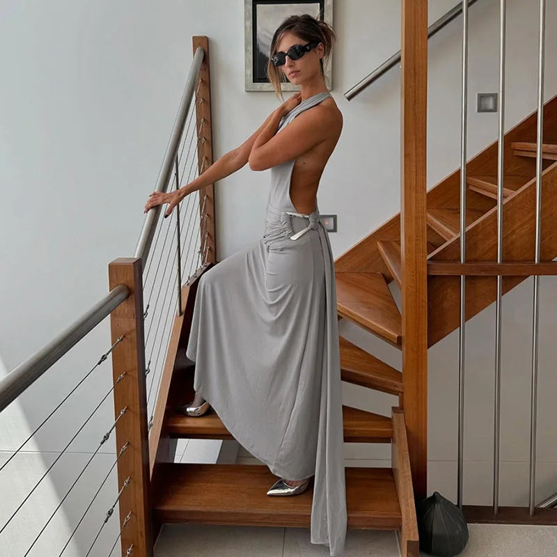 Long grey maxi dress with an open back and sleek -Charlotte