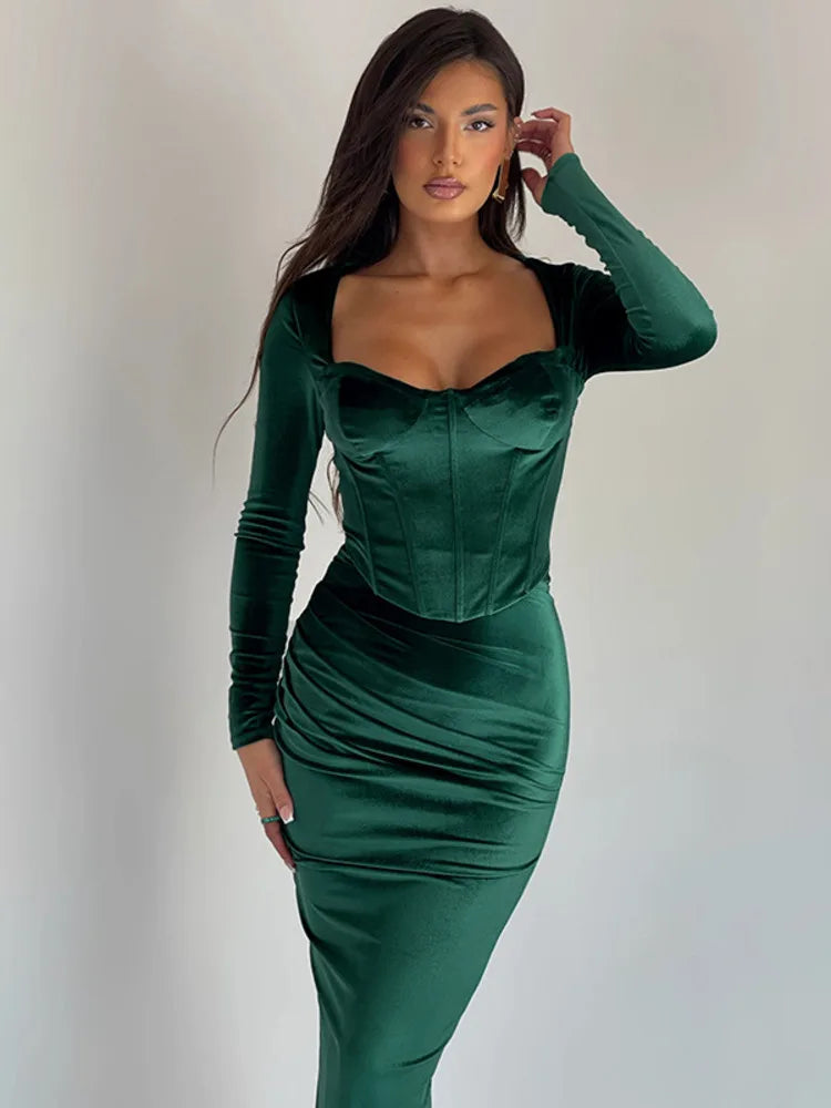 Set שני חלקים קטיפה Shirt וSkirt מקסי צמודה - מירנדה