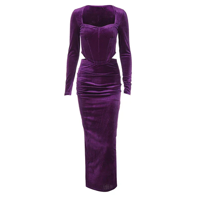 Set שני חלקים קטיפה Shirt וSkirt מקסי צמודה - מירנדה