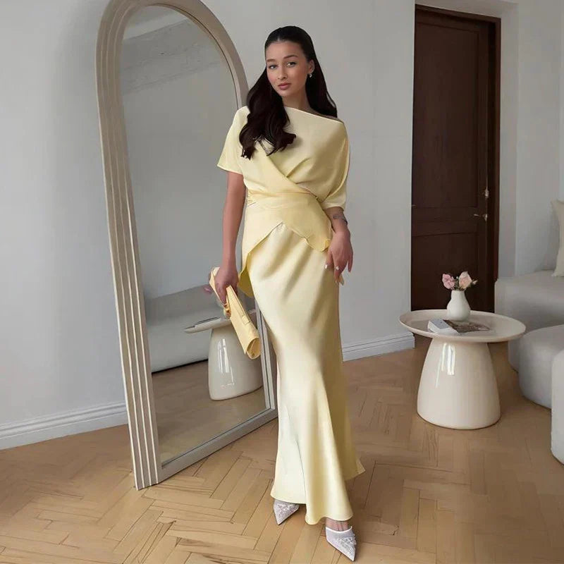 Set סאטן שני חלקים חולצת קשירה בעיצוב קרוס וSkirt מקסי - ליבי