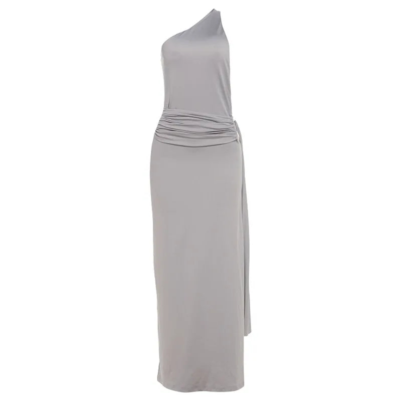Long grey maxi dress with an open back and sleek -Charlotte