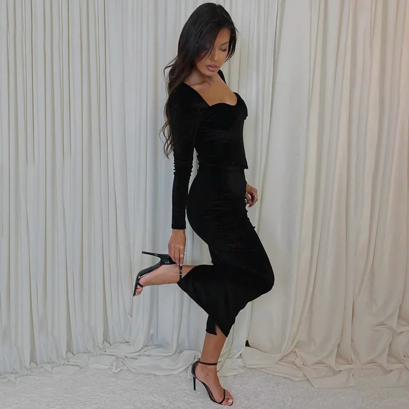 Set שני חלקים קטיפה Shirt וSkirt מקסי צמודה - מירנדה