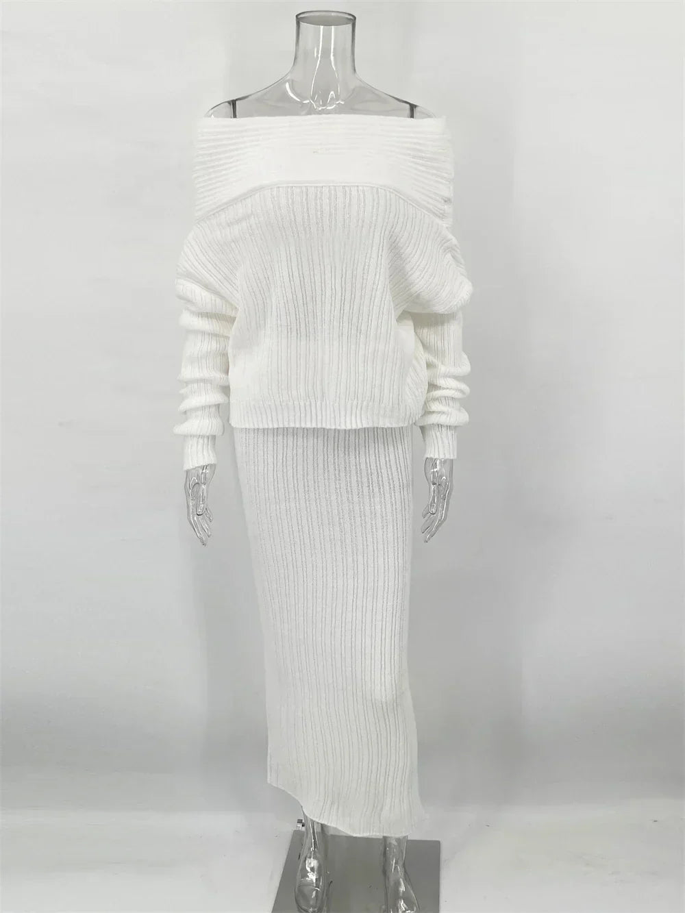 Set סריג שני חלקים חולצת כתפיים חשופות וSkirt מקסי - אילונה