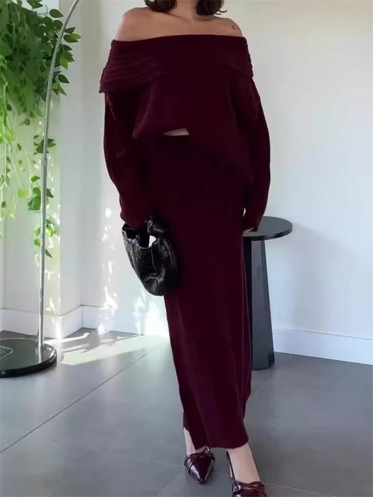 Set סריג שני חלקים חולצת כתפיים חשופות וSkirt מקסי - אילונה