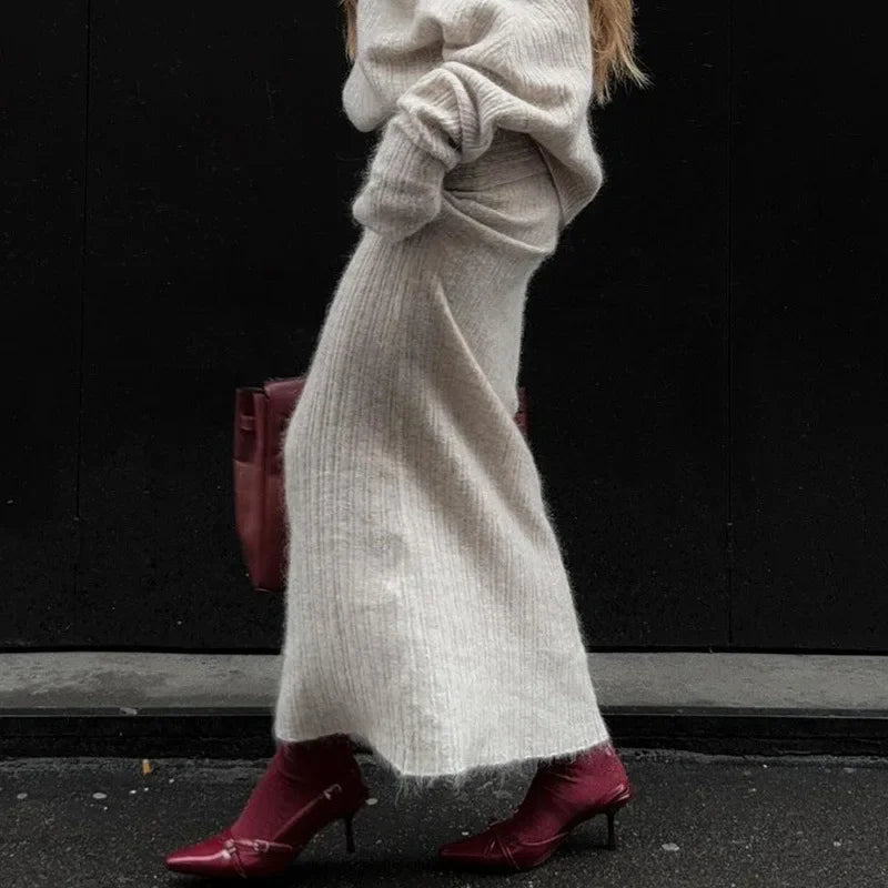 Set סריג שני חלקים חולצת כתפיים חשופות וSkirt מקסי - אילונה