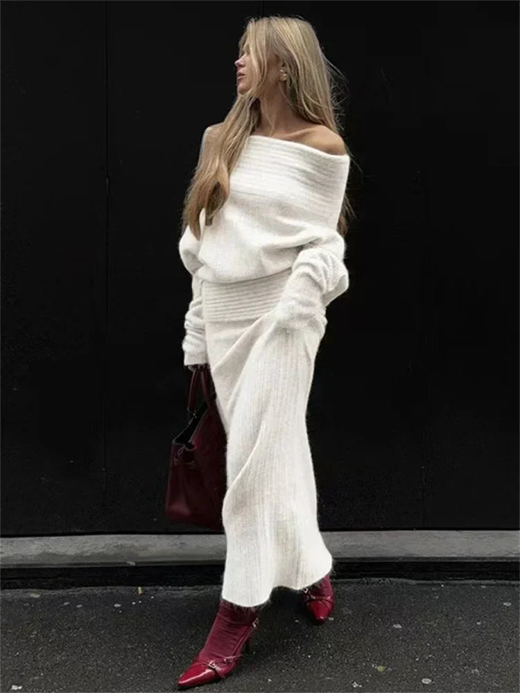 Set סריג שני חלקים חולצת כתפיים חשופות וSkirt מקסי - אילונה