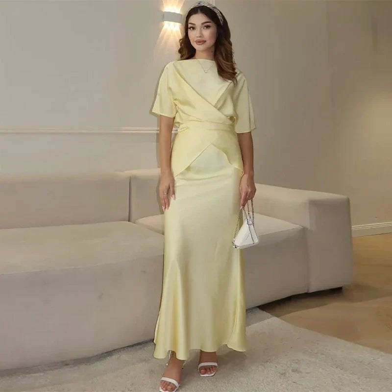 Set סאטן שני חלקים חולצת קשירה בעיצוב קרוס וSkirt מקסי - ליבי