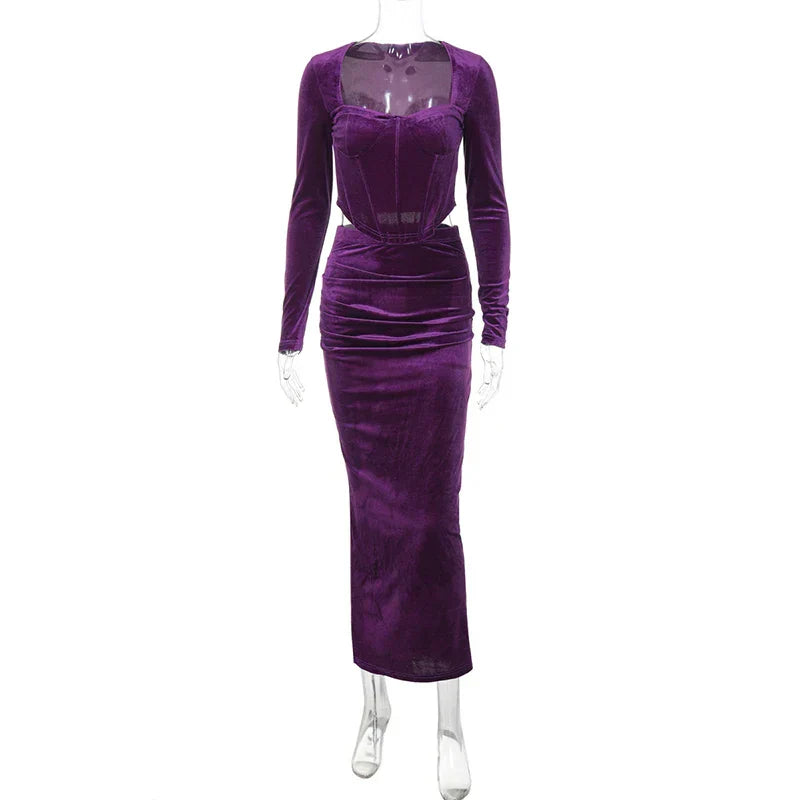 Set שני חלקים קטיפה Shirt וSkirt מקסי צמודה - מירנדה