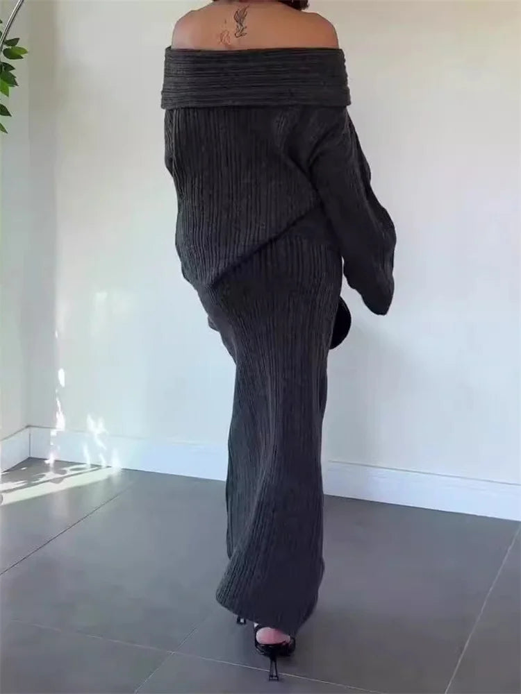 Set סריג שני חלקים חולצת כתפיים חשופות וSkirt מקסי - אילונה