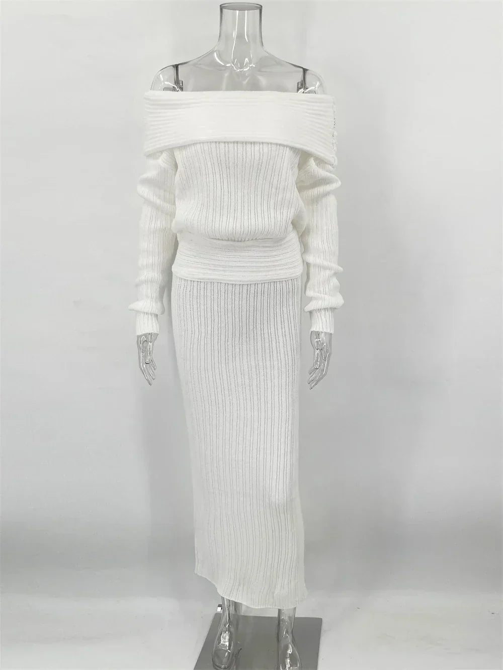 Set סריג שני חלקים חולצת כתפיים חשופות וSkirt מקסי - אילונה