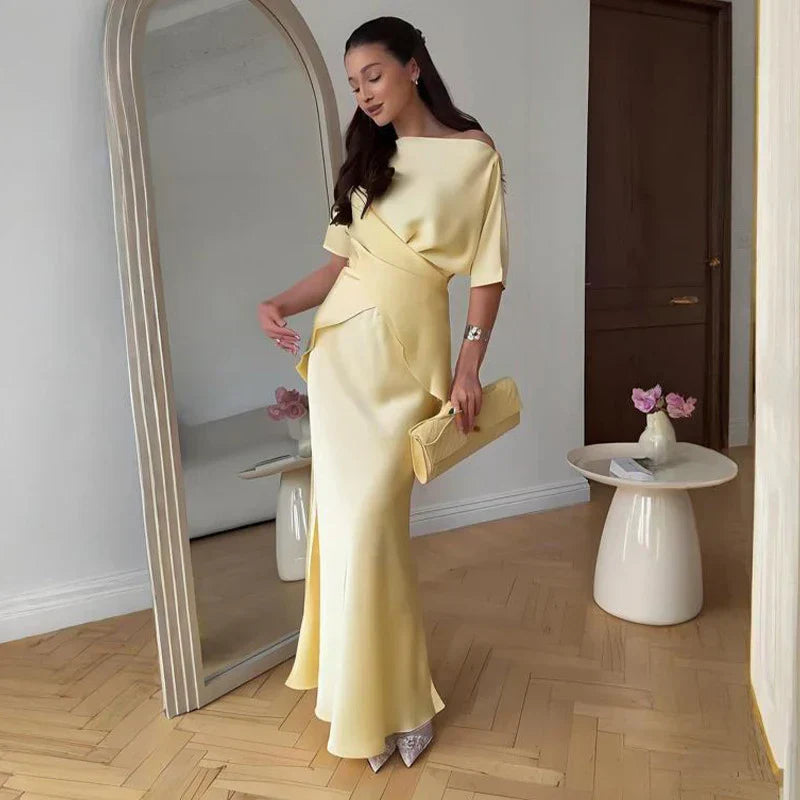 Set סאטן שני חלקים חולצת קשירה בעיצוב קרוס וSkirt מקסי - ליבי