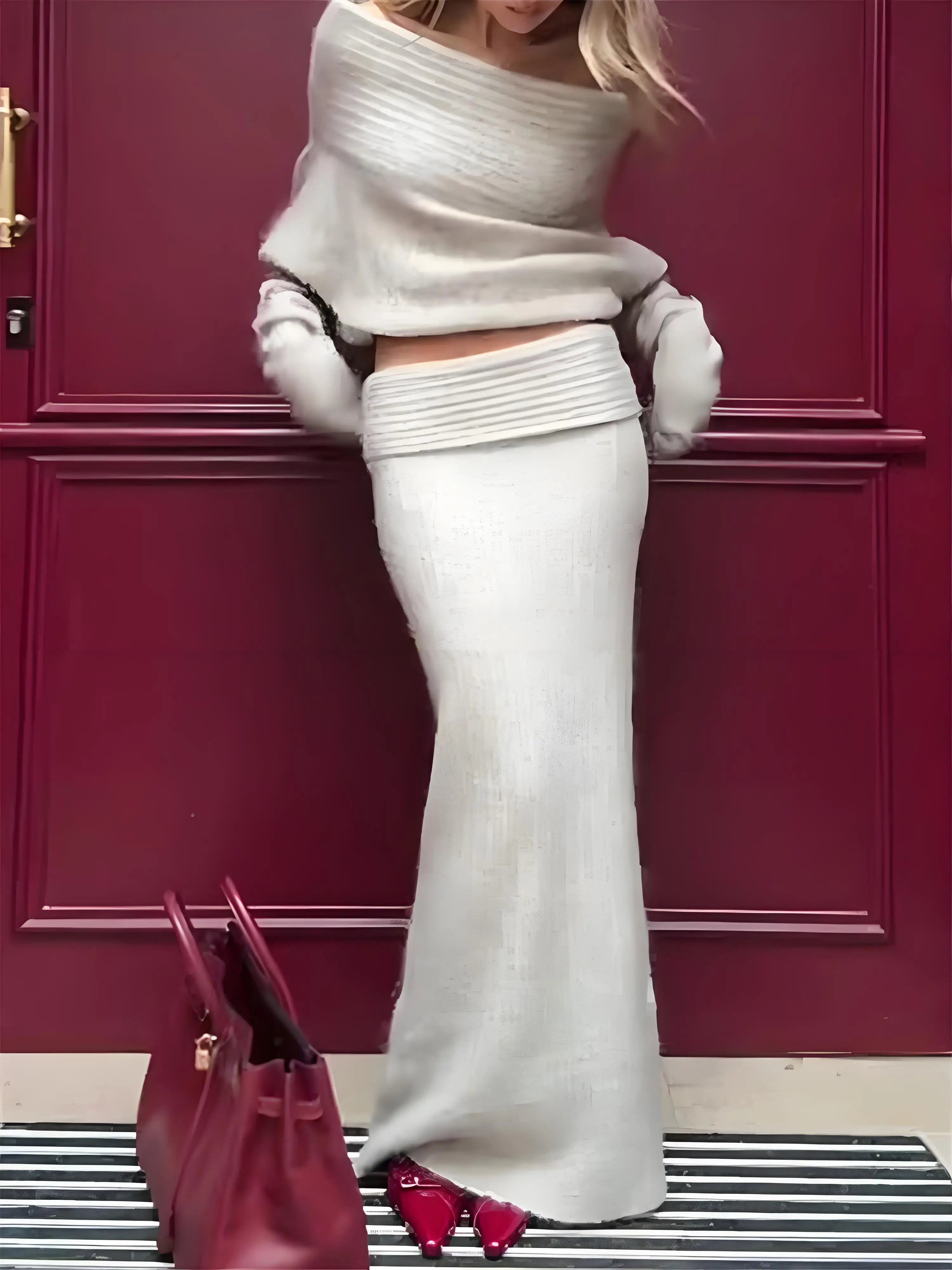 Set סריג שני חלקים חולצת כתפיים חשופות וSkirt מקסי - אילונה