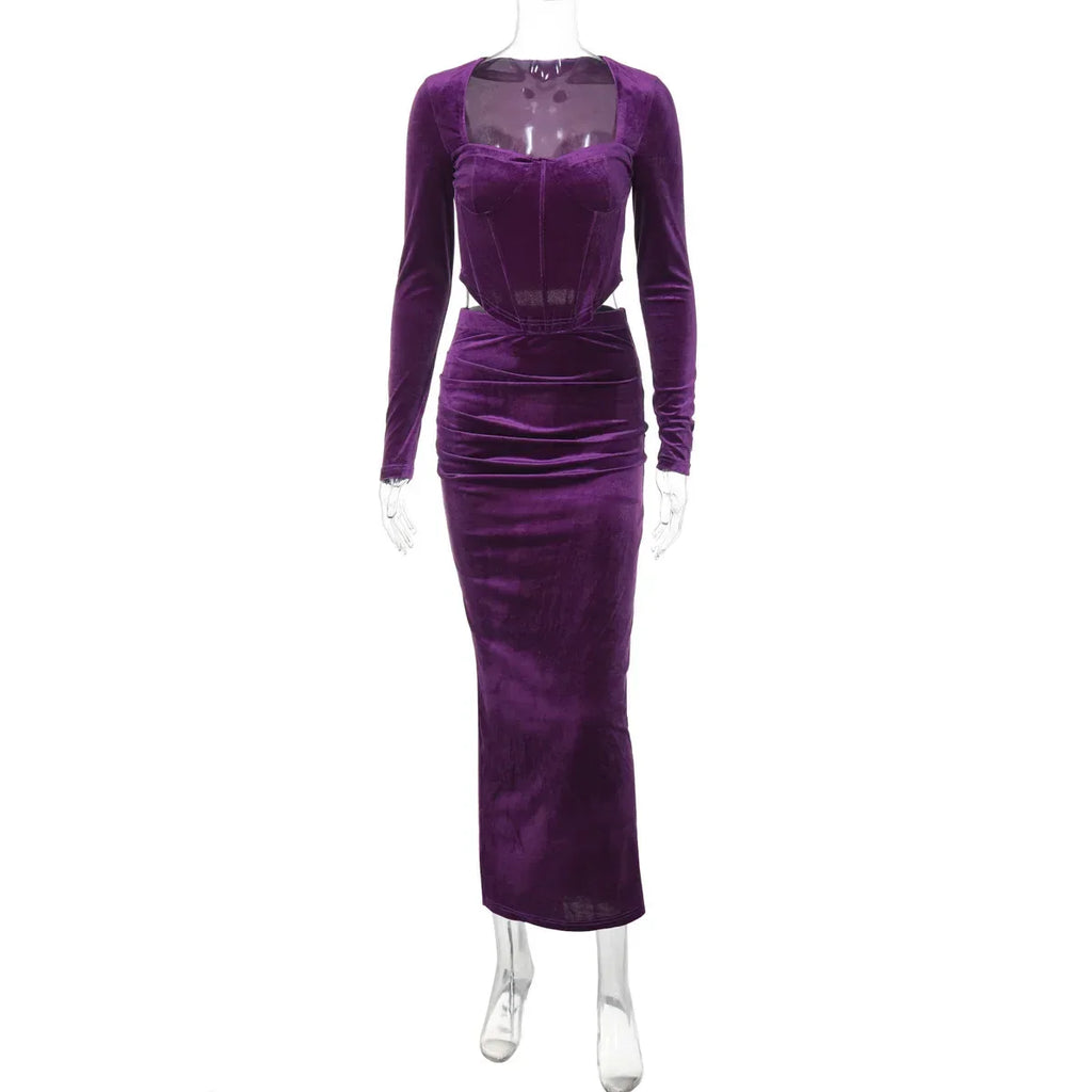 Set שני חלקים קטיפה Shirt וSkirt מקסי צמודה - מירנדה