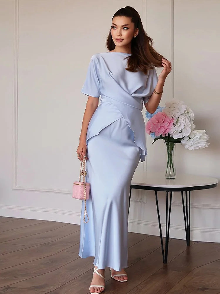 Set סאטן שני חלקים חולצת קשירה בעיצוב קרוס וSkirt מקסי - ליבי