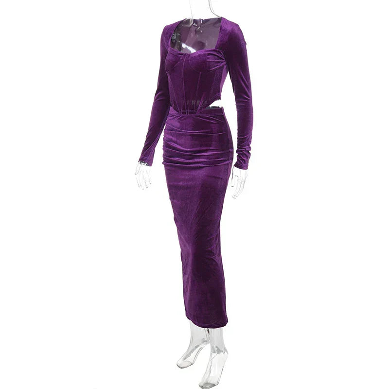 Set שני חלקים קטיפה Shirt וSkirt מקסי צמודה - מירנדה