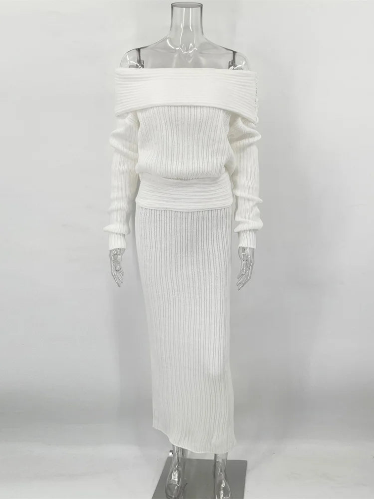 Set סריג שני חלקים חולצת כתפיים חשופות וSkirt מקסי - אילונה