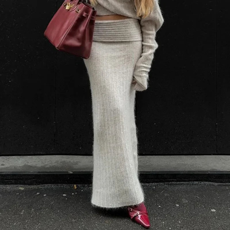 Set סריג שני חלקים חולצת כתפיים חשופות וSkirt מקסי - אילונה