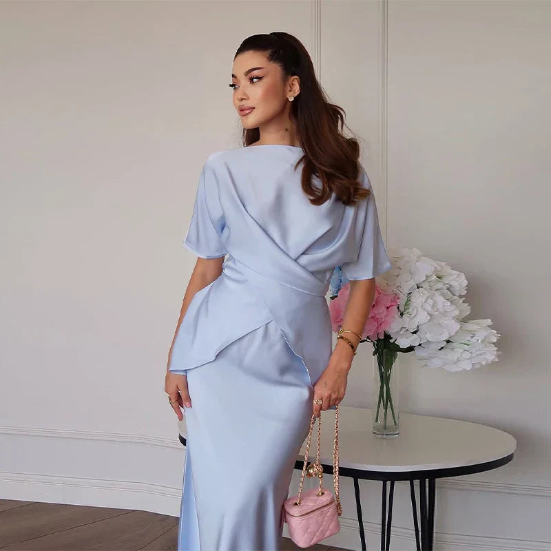 Set סאטן שני חלקים חולצת קשירה בעיצוב קרוס וSkirt מקסי - ליבי