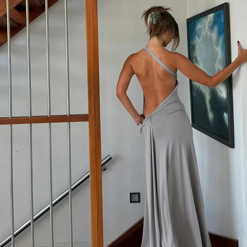 Long grey maxi dress with an open back and sleek -Charlotte