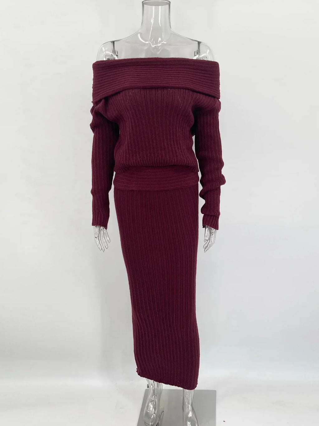 Set סריג שני חלקים חולצת כתפיים חשופות וSkirt מקסי - אילונה