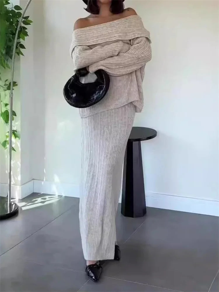 Set סריג שני חלקים חולצת כתפיים חשופות וSkirt מקסי - אילונה